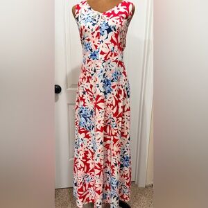 Chaps Red Floral Sleeveless Maxi Dress with Blue and White Blooms